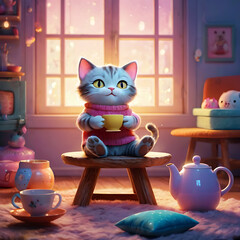 Fototapeta premium Cute domestic feline kitten with beautiful fur and eyes, found in a kitchen setting on a table or in a bowl