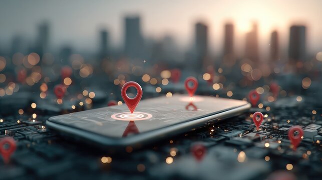 Digital towers hover above a mobile device as marketing visuals, location-based offers, and target analytics animate across the screen.