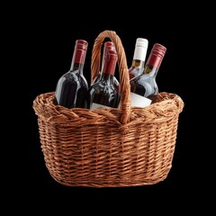 Wicker basket filled with red wine bottles (1)