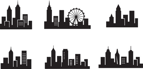 Fototapeta premium Silhouette collection of modern city skylines featuring architectural building designs in black