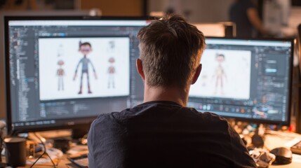 A person works on character design using dual monitors displaying 3D modeling software in a dimly lit workspace.