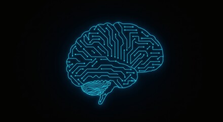 Side view of a luminous blue brain made of electronic circuits, illustrating artificial intelligence, digital consciousness, and neural networks.