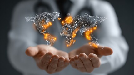 Doctor holds holographic world map to represent global telemedicine, medical data access, and cross-border healthcare innovation through immersive digital platforms.