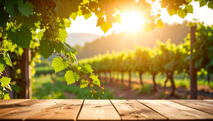 Vineyard Sunset with Wooden Table.
