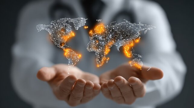 Doctor holds holographic world map to represent global telemedicine, medical data access, and cross-border healthcare innovation through immersive digital platforms.