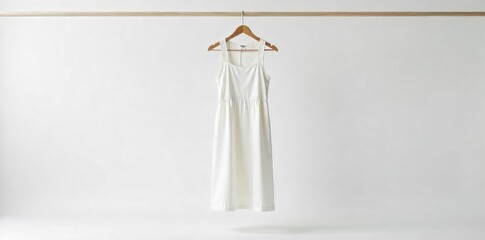 Elegant, flowing white linen dress hanging on a minimalist wooden hanger against a bright white backdrop Pure, unblemished fabric emphasizes clean lines and simple design , soft, spring