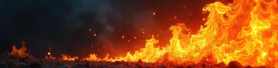 Fototapeta premium Fiery orange and yellow fireball flames engulfing a dark background, intense heat and energy radiating outwards Perfect for fantasy, fire, energy, and destruction concepts , background, hot, chaos