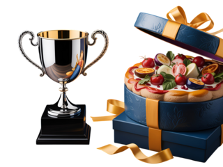 Gleaming silver trophy beside decorated gift box isolated on a transparent background gold