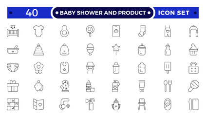 Baby Shower And Product outline icon set. Newborn, diaper, baby bottle, crib, pacifier, toy, pin, bib, first days of life, supplies, healthcare, transportation and safety.