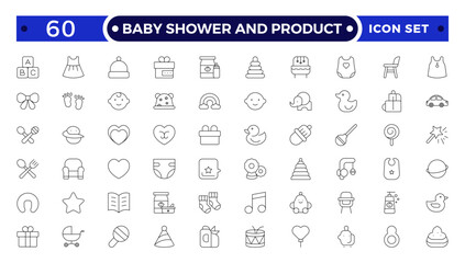 Baby Shower And Product outline icon set. Newborn, diaper, baby bottle, crib, pacifier, toy, pin, bib, first days of life, supplies, healthcare, transportation and safety.