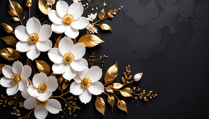 White Gold Flowers Dark Background.