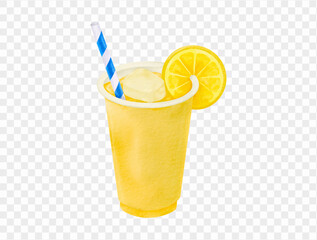 Watercolor lemonade with straw and lemon slice, summer drink vector.