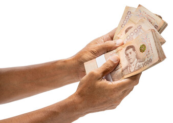 Hand holding Bundle of Thai 1000 bath banknotes isolated on white background, Hand holding Bundle of Thai 1000 bath banknotes on White Background With clipping path.