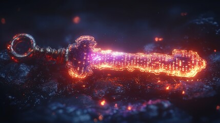 Glowing Digital Sword in Embers: A Fantasy Key