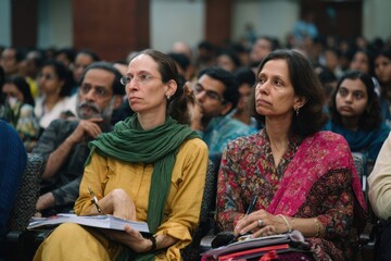 People at seminar sitting and listening
