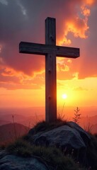 A rustic wooden cross stands tall against a dramatic sunset, symbolizing faith, hope, and redemption Perfect for Easter, Lent, or general Christian themes , church, sunset, nature