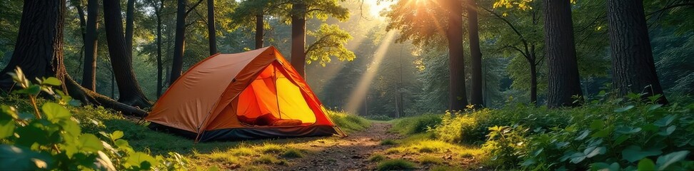 A cozy camping tent pitched in a lush forest clearing, sunlight dappling through the trees Perfect for a nature escape or wilderness adventure , spring, leaves, peaceful