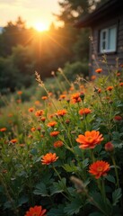 A faded, sepia-toned photograph of a once vibrant garden now overgrown with weeds, symbolizing lost joy and the passage of time The sun shines weakly on the neglected blooms , memory, shadow