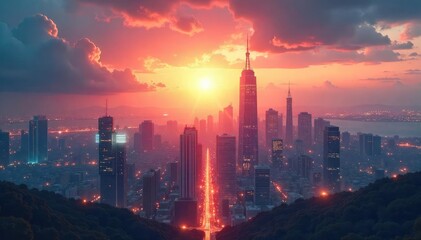 Fototapeta premium A futuristic cityscape at dawn, bathed in the ethereal glow of rising sun, hinting at a hopeful and technologically advanced future faith , glow, dawn, architecture