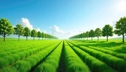 Obraz premium A serene landscape featuring perfectly ordered rows of neatly planted trees extending to the horizon under a clear sky , order, natural, rural