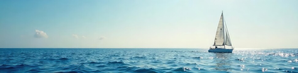 Obraz premium A lone sailboat glides across a vast, tranquil ocean under a clear sky, the sun reflecting off its white sails The image evokes a sense of peace and solitude at sea , lonely, sky, vessel