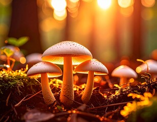 Closeup of White Mushrooms in a Dark Green Forest