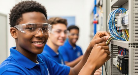 Young students learning electrical engineering and wiring skills