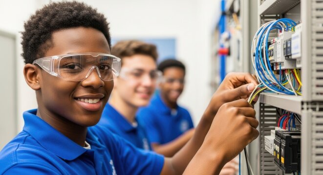 Young students learning electrical engineering and wiring skills