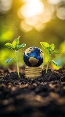 Sustainable investment and global growth shown with globe and plants