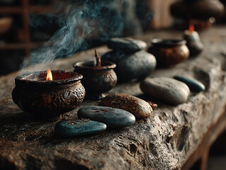 Cozy interior with lit candles and decorative stones on textured surface