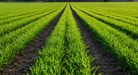 Green rice paddies stretch across the landscape under a blue sky, a vibrant agricultural scene in the Thai countryside during spring