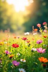A vibrant sunlit meadow bursting with wildflowers, conveying a sense of carefree joy and blissful serenity Perfect for themes of positivity, optimism, and well-being , positivity, meadow, gladness