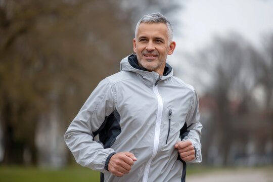 Mature man enjoying running in park during cloudy day