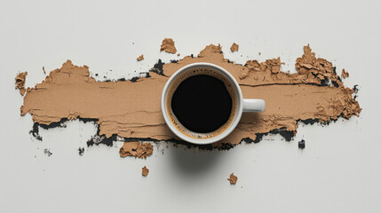 White coffee cup filled with black coffee sits textured, torn paper background, creating striking contrast. minimalist composition highlights rich, dark color of coffee against earthy tones