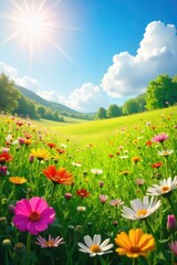 Fototapeta premium A sun-drenched meadow bursting with colorful wildflowers, a tranquil scene embodying pure, joyful beauty Perfect for projects related to happiness, serenity, and well-being , pasture, contentment