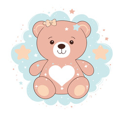 Fototapeta premium Cute Cartoon Teddy Bear for Baby Shower, Pink Nursery Decoration, Sweet Illustration