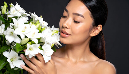Woman smelling white lilies with dark background.