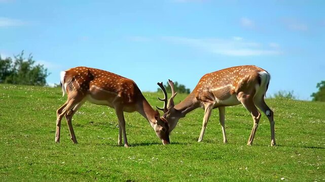 Two deer head-butting in a grassy field, trees in background, nature scene