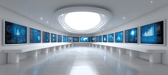 Futuristic control room with digital display panels