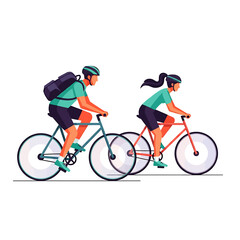 Obraz premium Two cyclists, a man with a backpack and a woman with a ponytail, riding bicycles side-by-side in a vector illustration.