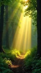 Obraz premium Golden sunbeams pierce through gaps in a dense forest canopy, illuminating the lush green undergrowth with dappled light A magical, ethereal scene of nature's light show , green, sunlight, sunray