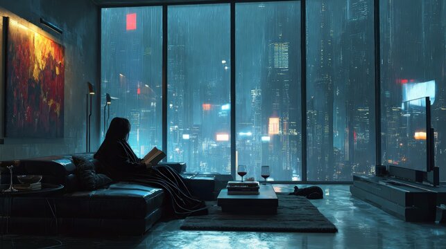 Rainy Night Cityscape View From Modern Apartment Living Room
