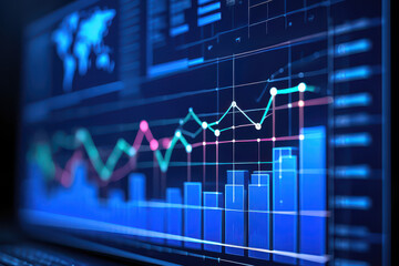 A close up of a screen displaying financial data with line graphs and bar graphs on a blue background