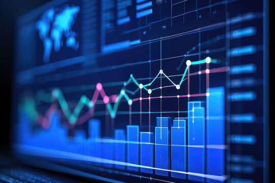 A close up of a screen displaying financial data with line graphs and bar graphs on a blue background - Powered by Adobe