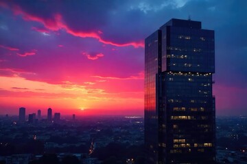 Modern office building silhouetted against a vibrant dusk sky, city lights beginning to twinkle Perfect for corporate, real estate, and urban themes , dark, sunset, steel