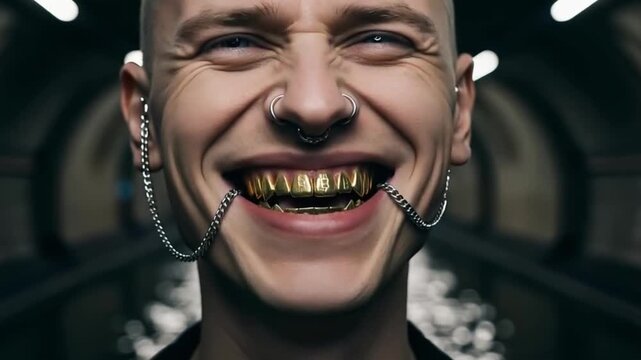Urban Edge Portrait - 4K Pierced Face with Gold Grills for Streetwear & Music Projects  