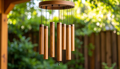 Wooden wind chimes with garden dcor.