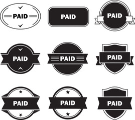 A collection of nine black and white paid stamps in various shapes and designs on a white background surface