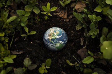 Earth resting in soil surrounded by fresh green plants and leaves