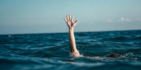 Person reaching out of deep blue ocean water during daylight hand